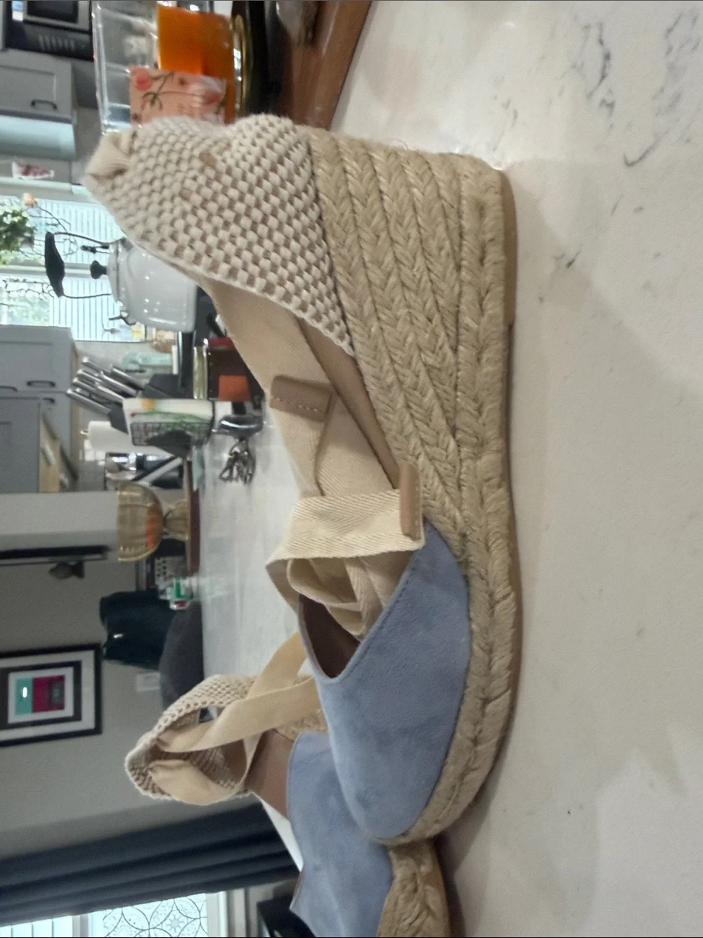 LK Bennett Light Blue Suede Espadrille Wedge Sandals with Cream Ankle Ties